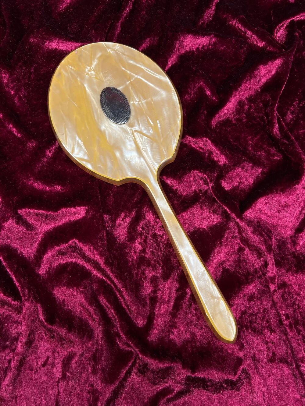 Vintage Art Deco Celluloid Vanity Hand Mirror Faux Mother of Pearl Orange Swirl